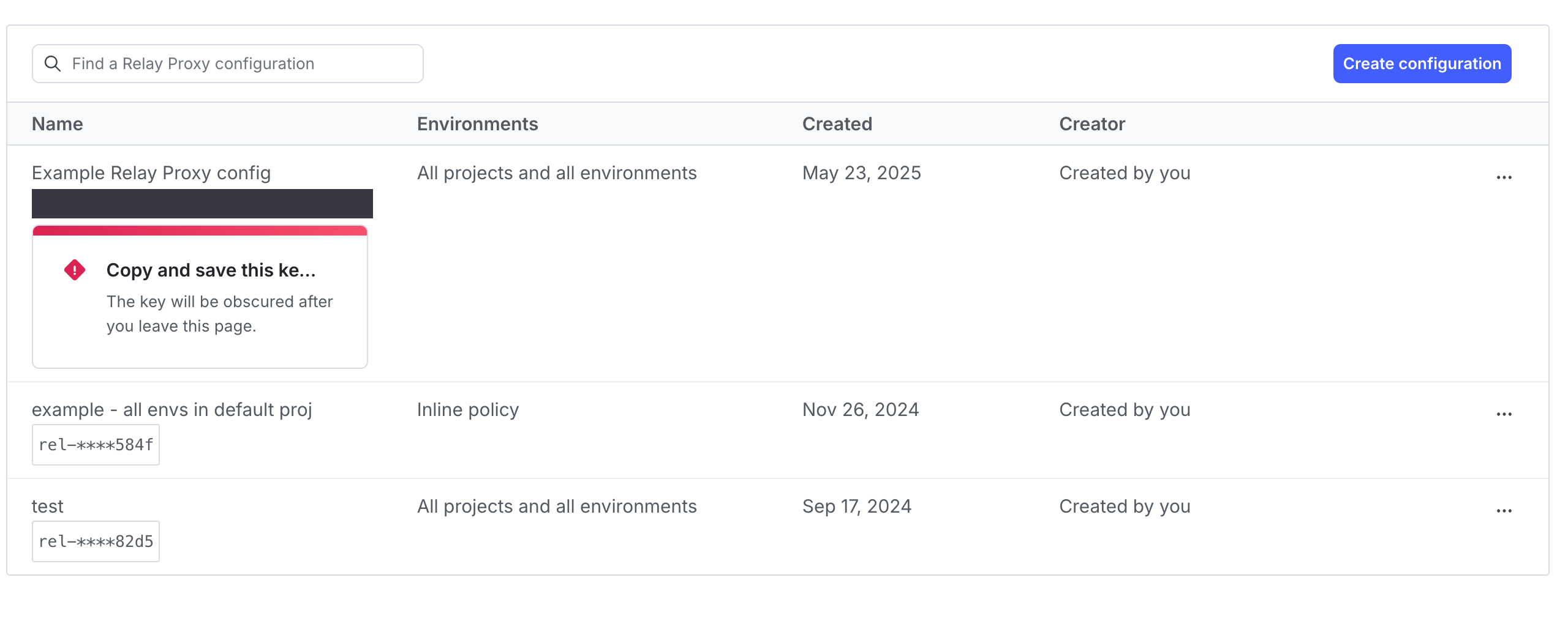 The "Relay proxy" page with a newly created Relay Proxy configuration. The key is displayed.