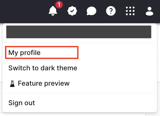 The account menu, with "My profile" option called out.