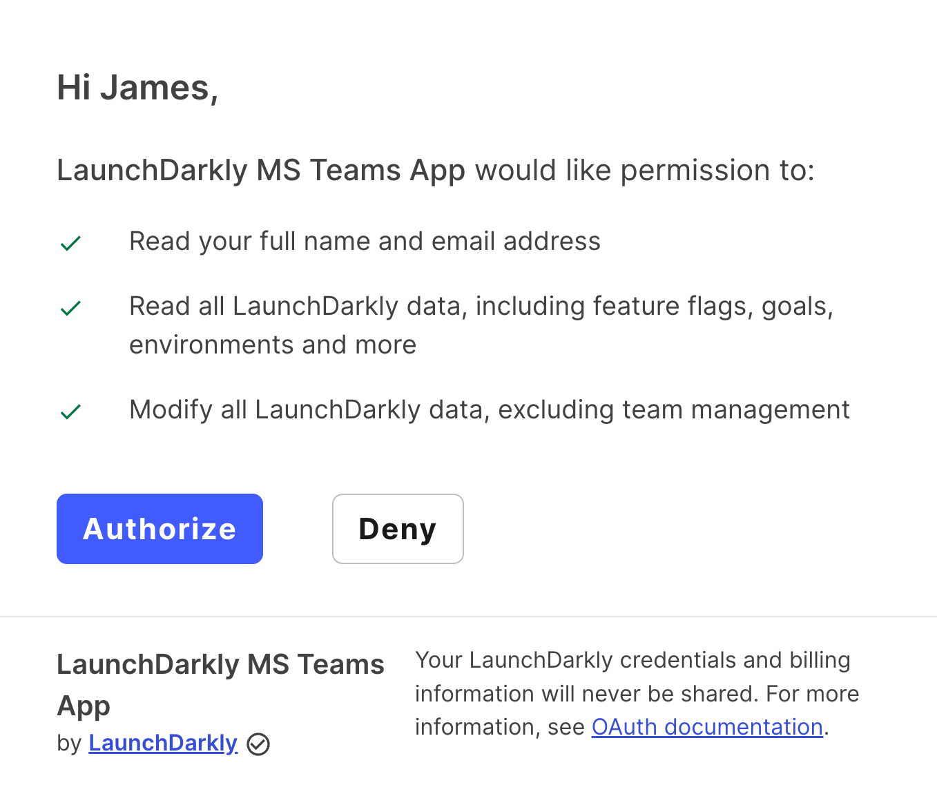 The permissions authorization dialog in the Microsoft Teams app.