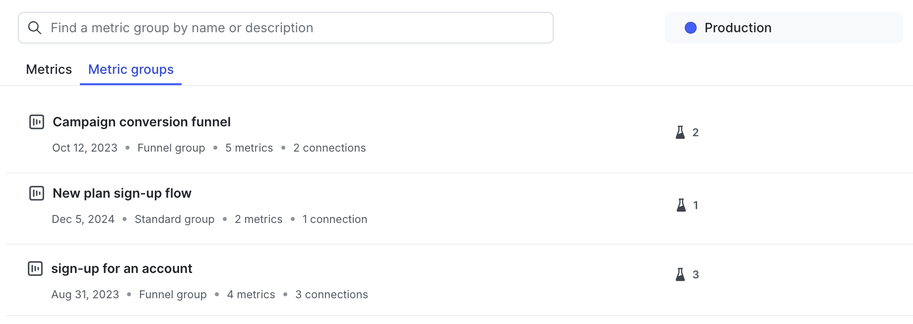The Metrics list.