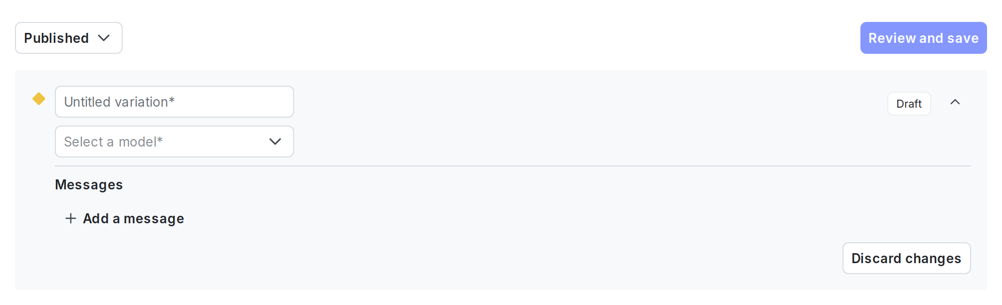 The Variations tab of a newly-created AI Config.