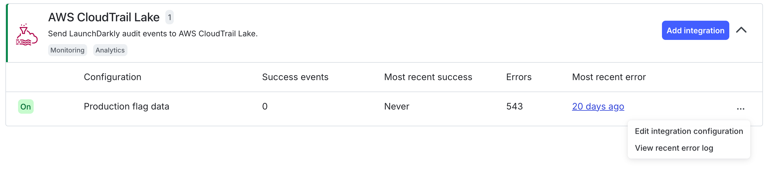 The "AWS CloudTrail Lake" section with the "Edit integration configuration" option called out.