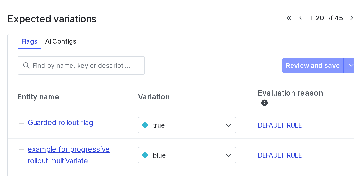 The "Expected variations" on the details page for a context.