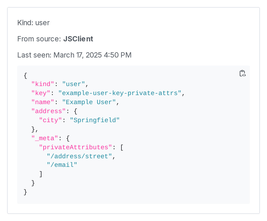 The "Attributes" section of the context details page, showing private attributes in a "_meta" section.