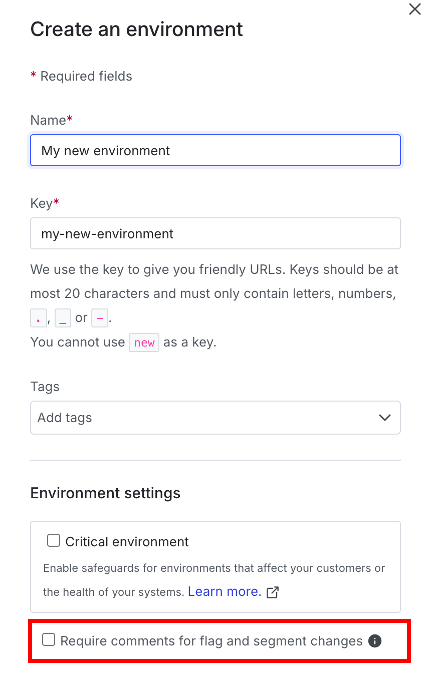 The "Create an environment" panel with the "Require comments" checkbox called out.