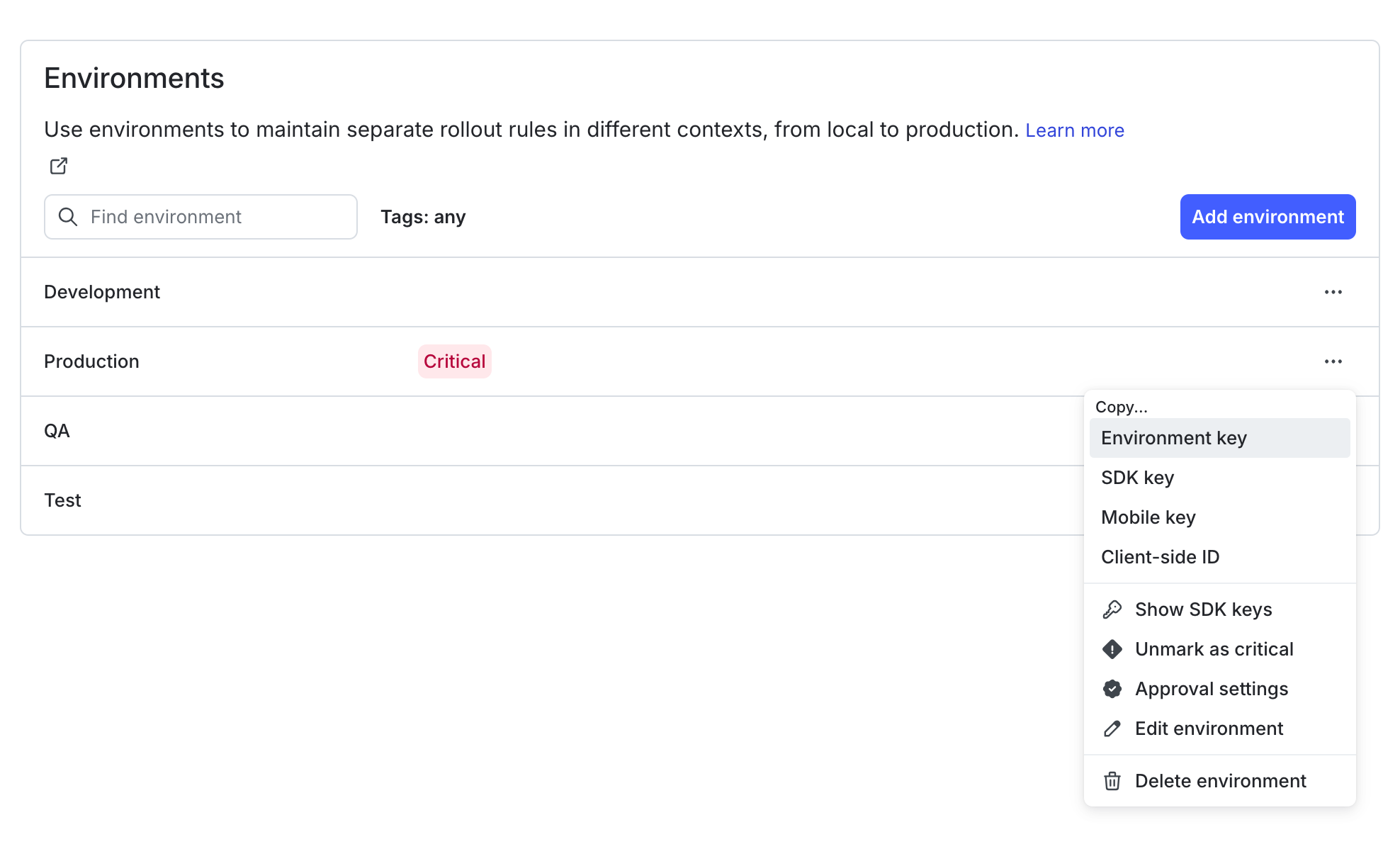 The environment overflow menu, including the "Edit environment" option.
