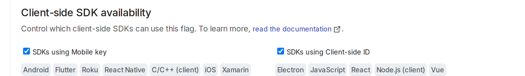 The "Client-side SDK availability" section of a flag's "Settings" page.