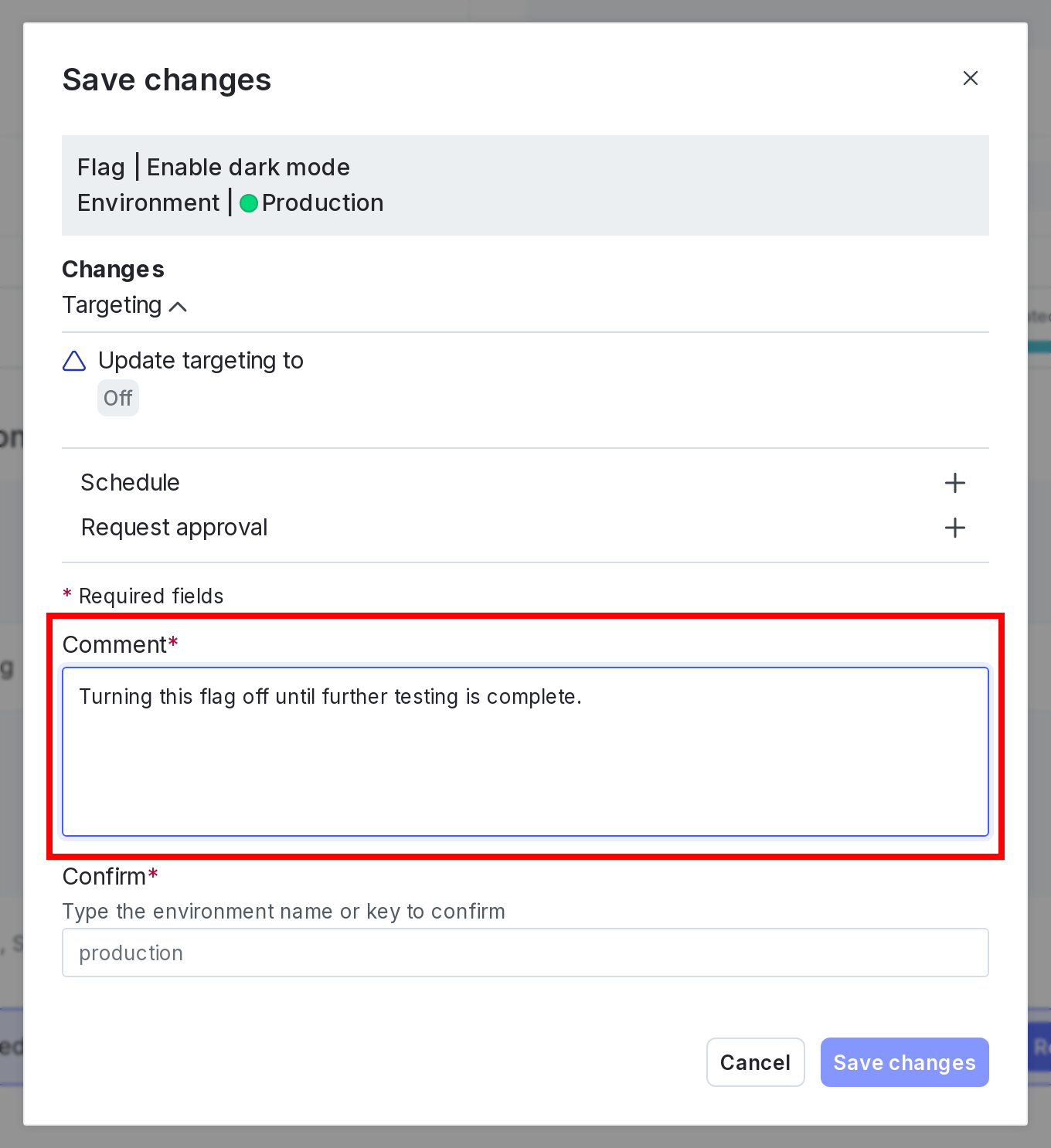 The "Save changes" dialog with the "Comment" field called out.