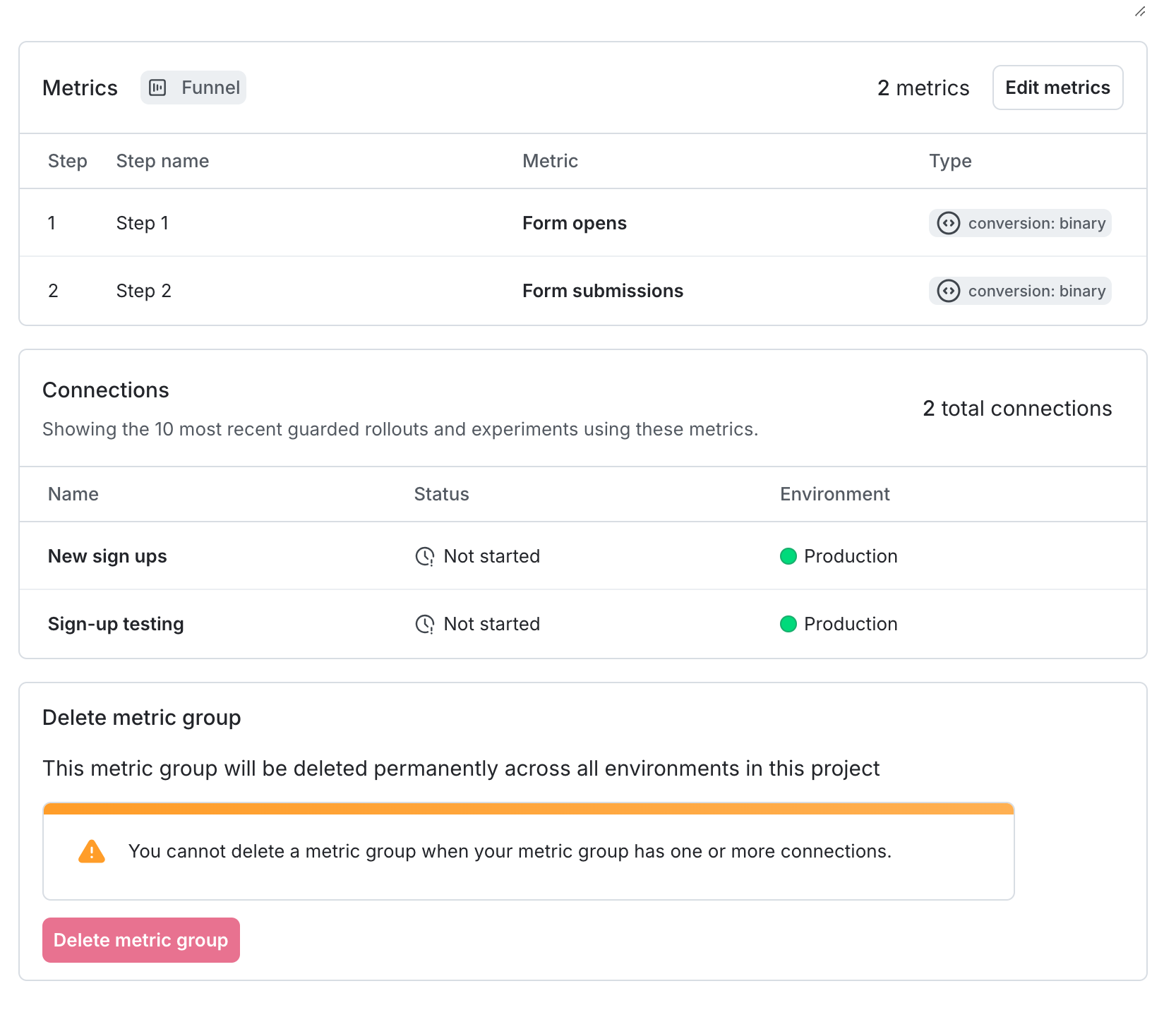 A metric group details page.