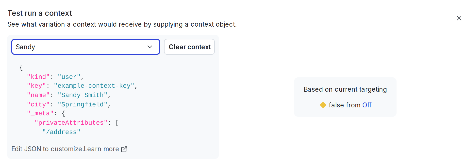 The "Test run a context" section, populated with an example context kind and key.