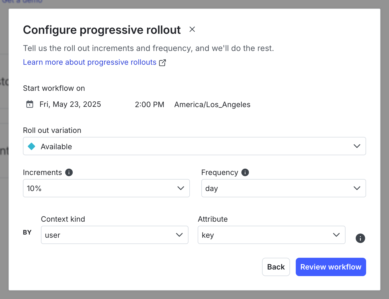The "Configure progressive rollout" workflow dialog.