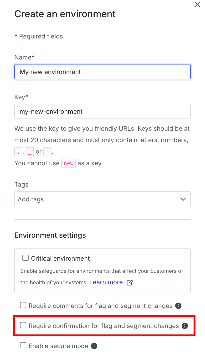 The "Create an environment" panel with the "Require confirmation" checkbox called out.