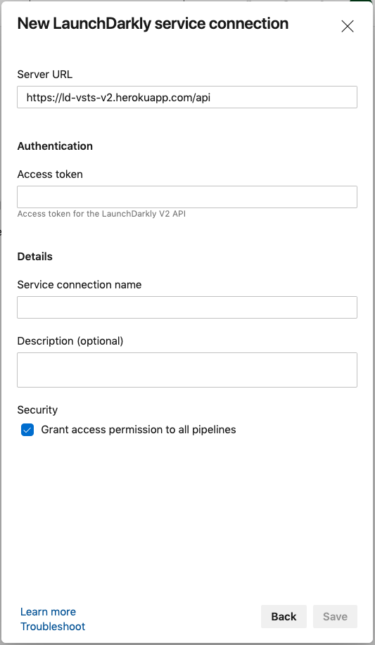 The Azure DevOps "New LaunchDarkly service connection" screen.