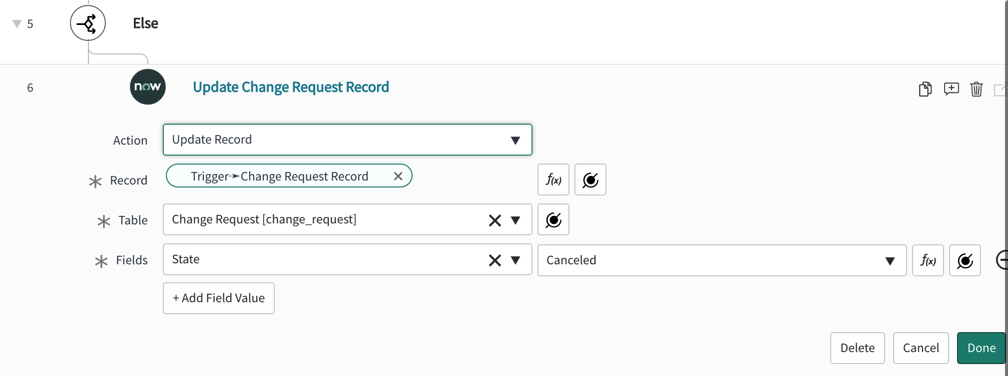 A ServiceNow update change request record action that moves the "State" to "Canceled."