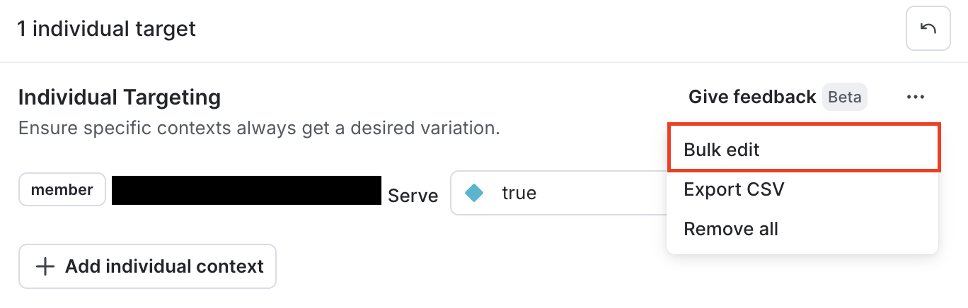 The "Individual targets" section with the "Bulk edit" option called out for user contexts.