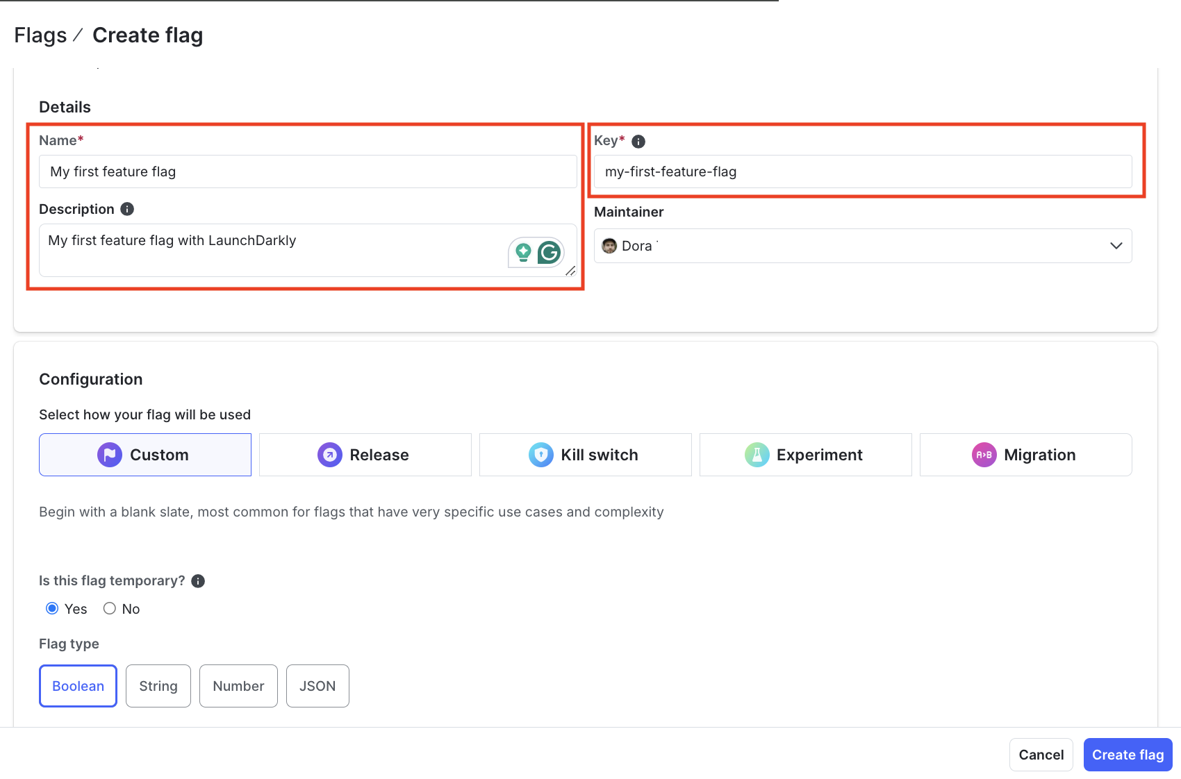 The "Create flag" dialog in the LaunchDarkly UI with relevant fields highlighted.