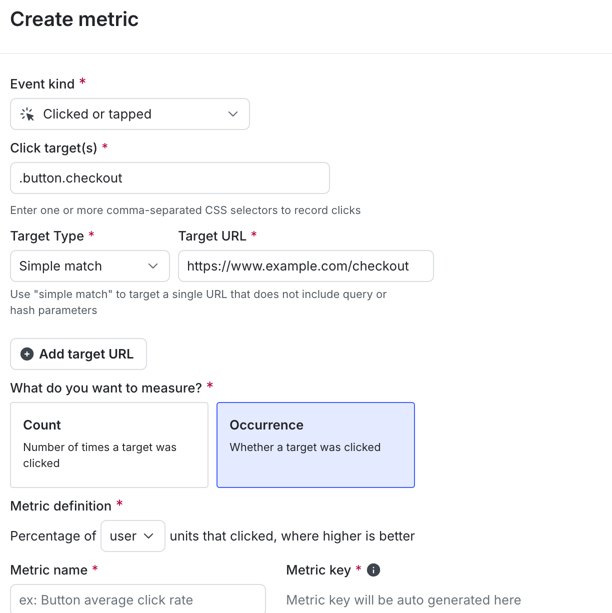 The "Create metric" dialog for a new click conversion metric.