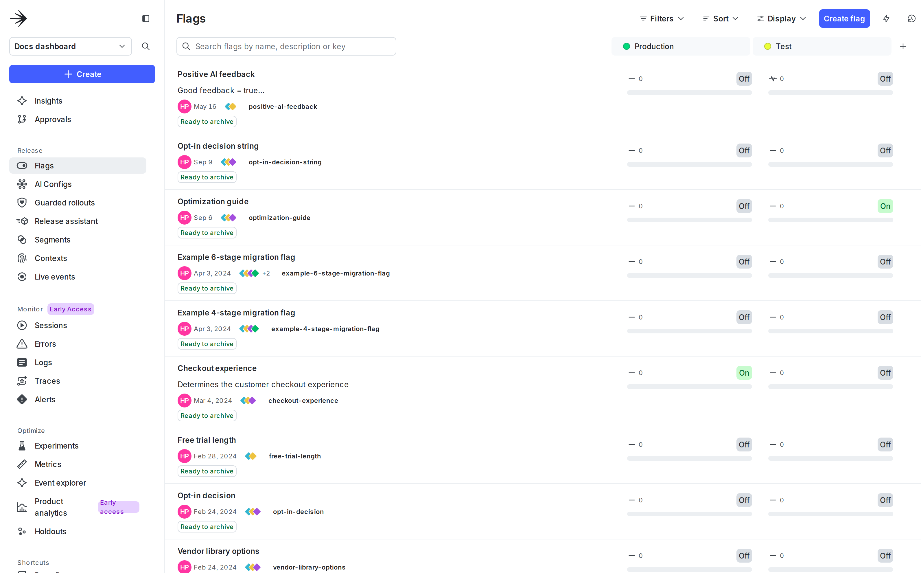 The Flags list in LaunchDarkly.