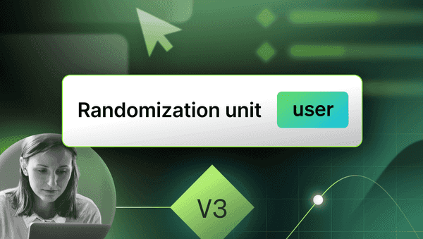 A green background containing graphic images of an arrow, rows of data, and a woman looking at a laptop screen. In the center of the image, the words "Randomization unit" are positioned, next to a green button with the word "user" on it. 
