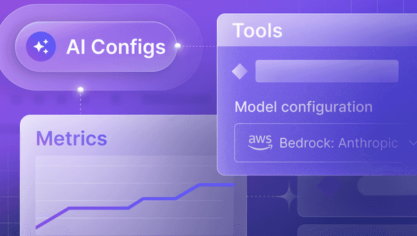 Purple interface graphic showing “AI Configs” connected to “Tools” (with a model configuration dropdown set to AWS Bedrock: Anthropic) and “Metrics” with a rising line chart.