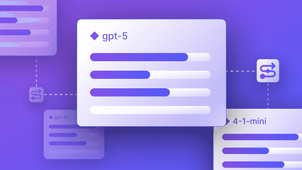 Abstract image with a gradient purple background, showing interconnected AI agents in a graph.