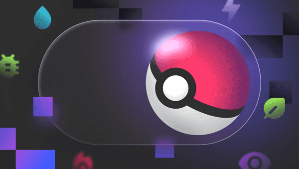 A stylized illustration of a Poké Ball toggle switch, set against a dark background with various Pokémon type icons like water, electric, bug, fire, grass, and psychic scattered around.